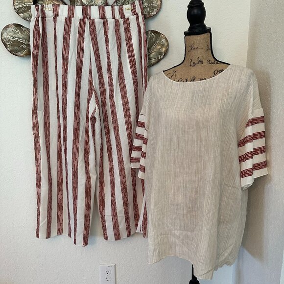 NWOT - Boho Linen Blend 2-Piece Set – Striped Wide-Leg Pants & Tunic Top - Picture 3 of 5